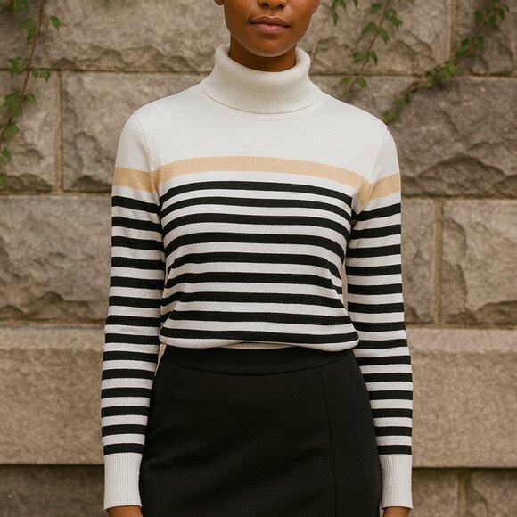 #060 TOMMY HILFIGER | White Black & Gold Striped Turtleneck Sweater - Medium - Picture 1 of 6